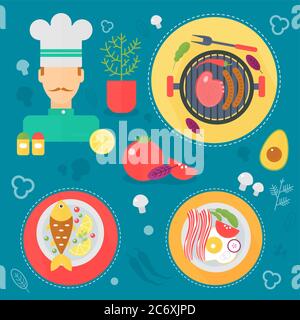 Cucina moderna, amando il concetto piatto. Strumenti di cucina e amore cucina infografica design, elementi web, poster banner Illustrazione Vettoriale