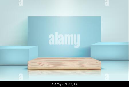 Podio per la presentazione del prodotto in colore blu pastello, mock up per il design. Scenografie del supporto a colonna, illustrazione vettoriale in stile realistico Illustrazione Vettoriale