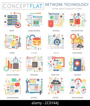 Infografiche mini concept icone di tecnologia di rete e marketing digitale per il web. Icone grafiche Web concettuali dal design piatto a colori di qualità superiore. Concetti di tecnologia di rete Illustrazione Vettoriale