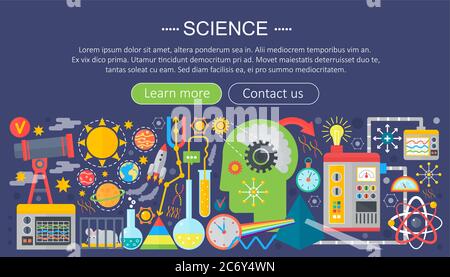Concetto di scienza di progettazione piatta. Banner orizzontale con luoghi di lavoro per scienziati. Ricerca scientifica esperimento infografica modello di disegno, web header icone elementi.Vector illustrazione Illustrazione Vettoriale