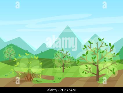 Il tranquillo paesaggio verde con montagne e piante illustrazione vettoriale Illustrazione Vettoriale