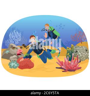 Illustrazione vettoriale delle persone che nuotano nella barriera corallina con pesci durante le immersioni subacquee Illustrazione Vettoriale