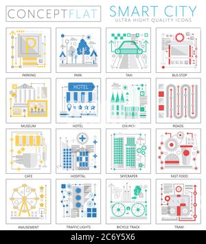 Infografiche mini concept icone Smart elementi della città moderna per il web. Elementi delle icone grafiche Web di qualità superiore. Concetti di città intelligenti Illustrazione Vettoriale