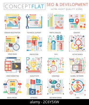 Infografiche mini concept SEO e icone di sviluppo per il web. Elementi delle icone grafiche Web concettuali dal design piatto a colori di qualità superiore. Concetti di salute della medicina Illustrazione Vettoriale
