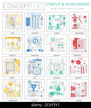 Icone di avvio e sviluppo di mini concept infografiche per il web. Elementi delle icone grafiche Web di qualità superiore. Concetti di avvio Illustrazione Vettoriale