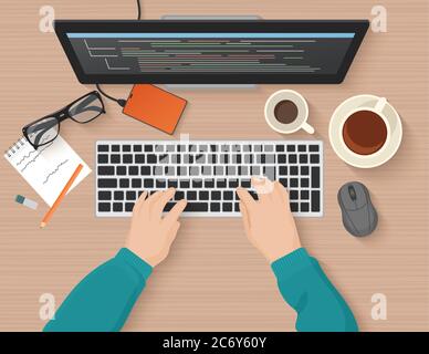 Sviluppatore che lavora al computer. Programmazione manuale del programmatore. Programmazione del concetto di illustrazione piatta. Vista superiore del vettore Illustrazione Vettoriale
