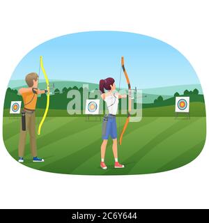 Uomo e donna in piedi con archi e puntando all'illustrazione del vettore bersaglio Illustrazione Vettoriale