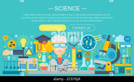 Concetto di scienza di progettazione piatta. Banner orizzontale con luoghi di lavoro per scienziati. Ricerca scientifica esperimento infografica modello di disegno, web header icone elementi.Vector illustrazione Illustrazione Vettoriale