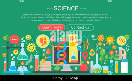 Concetto di scienza di progettazione piatta. Banner orizzontale con laboratorio scientifico sul posto di lavoro. Ricerca scientifica esperimento infografica modello di disegno, web header icone elementi.Vector illustrazione Illustrazione Vettoriale