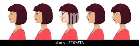 Set di espressioni avatar profilo femminile. Donna profilo viso emozioni dalla tristezza alla felicità Illustrazione Vettoriale