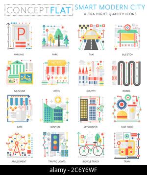 Infografiche mini concept icone Smart elementi della città moderna per il web. Elementi delle icone grafiche Web concettuali dal design piatto a colori di qualità superiore. Concetti di città intelligenti Illustrazione Vettoriale