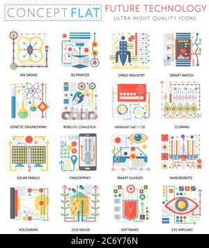 Infografiche mini concept futuro tecnologia icone per il web. Elementi delle icone grafiche Web concettuali dal design piatto a colori di qualità superiore. Concetti tecnologici futuri Illustrazione Vettoriale