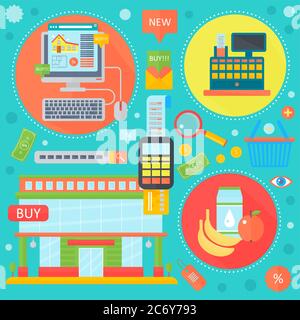 Shopping online, marketing mobile e marketing digitale infografiche icone modello in cerchi design, web header e-commerce icone. Illustrazione vettoriale Illustrazione Vettoriale