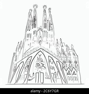 Barcellona Sagrada Familia illustrazione. Schizzo disegnato a mano Illustrazione Vettoriale