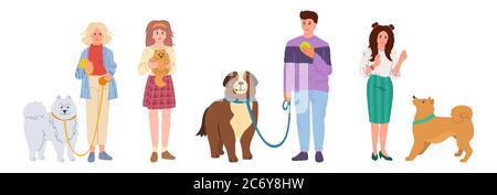Persone cani da passeggio. Carino set di cartoni animati piatto per animali domestici. Ragazza e ragazzo che giocano con il cane. Pastore e Husky, Spitz. Isolato su sfondo bianco illustrazione vettoriale Illustrazione Vettoriale