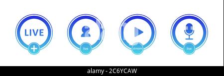 Set di icone di streaming live. Simboli e pulsanti di gradiente per streaming live, trasmissione e webinar online. Etichetta per tv, spettacoli, film e live Illustrazione Vettoriale