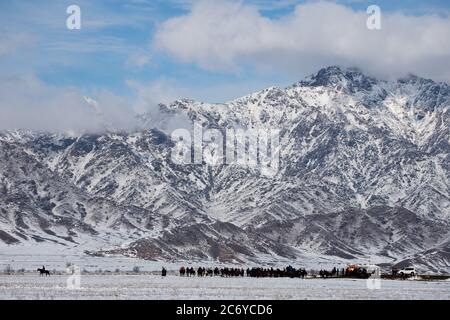 Scene di un villaggio Kok Boru match nel Chuy Oblast di Kirghizistan vicino capitale Bishkek. Foto Stock