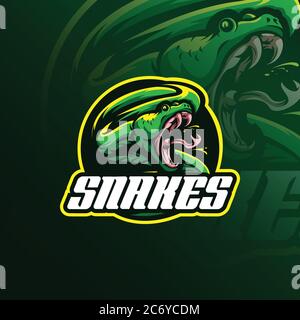 Testa serpente mascotte logo design vettore con emblema distintivo concetto per lo sport, eSport e la squadra. Illustrazione Vettoriale