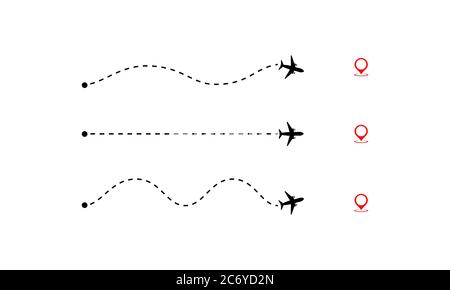 Impostazione del percorso aereo sul pin di posizione. Percorso del turismo di volo. Vettore su sfondo bianco isolato. EPS 10 Illustrazione Vettoriale