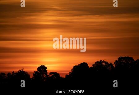 Stoccarda, Germania. 13 luglio 2020. Le nuvole appaiono sopra gli alberi poco prima dell'alba. Credit: Marijan Murat/dpa/Alamy Live News Foto Stock