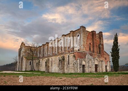 Abbazia di San Galgano a Chiusdino, Siena, Toscana, Italia. Vista al tramonto della chiesa medievale senza tetto in rovina Foto Stock