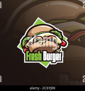design vettoriale con logo della mascotte burger con design moderno per la stampa di badge, emblemi e t shirt. illustrazione dell'hamburger fresco. Illustrazione Vettoriale
