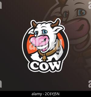design del logo della mascotte vettoriale della mucca con un moderno stile di illustrazione per la stampa di badge, emblemi e t shirt. illustrazione della mucca intelligente per i loghi. Illustrazione Vettoriale