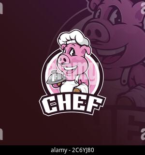 design del logo della mascotte vettoriale chef con un moderno stile di illustrazione per la stampa di badge, emblemi e t shirt. illustrazione smart pig chef. Illustrazione Vettoriale