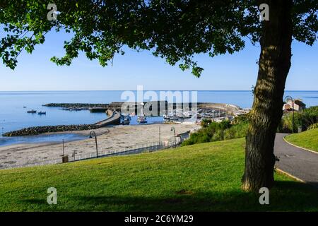 Lyme Regis, Dorset, Regno Unito. 13 luglio 2020. Regno Unito Meteo. Vista del porto di Cobb e la spiaggia dai Lister Gardens presso la località balneare di Lyme Regis in Dorset durante il sole della mattina presto. Immagine: Graham Hunt/Alamy Live News Foto Stock