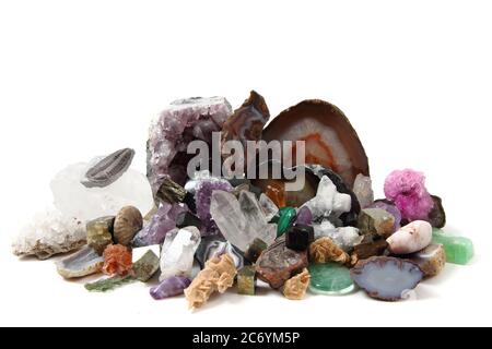 raccolta di minerali isolata su sfondo bianco Foto Stock