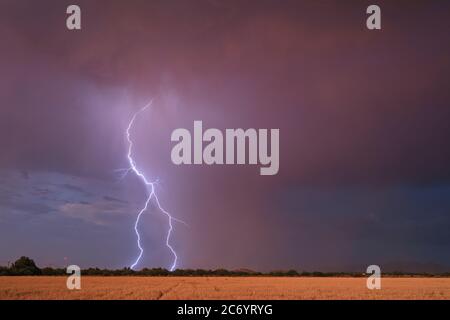 Cielo oscuro e moody con una tempesta di fulmini monsonica su Eloy, Arizona Foto Stock