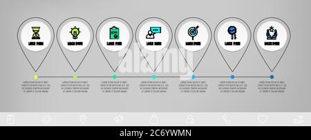 Cerchi di infografia con 7 passi, icone. Modello vettore flatline. Può essere utilizzato per sette aziende, Web, layout del flusso di lavoro, diagramma di flusso, grafico delle informazioni, grafico Illustrazione Vettoriale