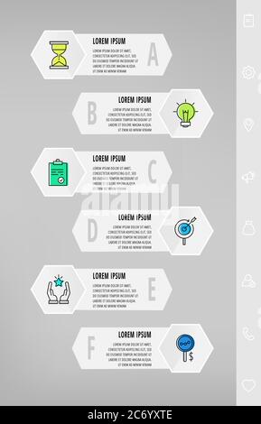 Infografiche con 6 esagoni, frecce. Modello vettoriale moderno. Può essere utilizzato per sei diagrammi, Web, presentazioni, diagrammi di flusso, grafici informativi, timeline Illustrazione Vettoriale