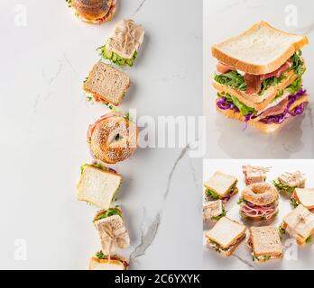 collage di panini freschi verdi con carne e bagel su superficie bianca in marmo Foto Stock