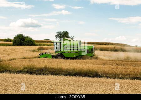 Bamberg, Germania 11 luglio 2020: Immagini simboliche - 2020 contadini alla raccolta del grano con la mietitrebbia su un campo di grano a Trosdorf vicino Bamberg, Deutz M34.80, | utilizzo in tutto il mondo Foto Stock