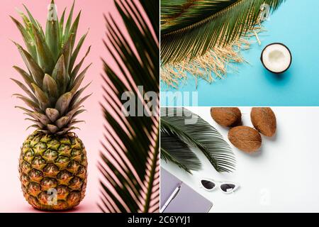 collage di foglie di palma verdi, noci di cocco, ananas, accessori estivi e pianificatore su sfondo bianco, rosa, blu Foto Stock