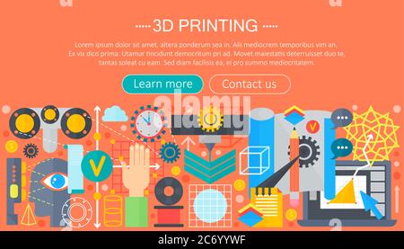 set di concetto piatto con tecnologia di stampa 3d. intestazione web di modellazione, stampa e scansione 3d Illustrazione Vettoriale