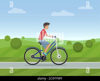 Giovane che guida una bici sportiva su una strada di parco. Illustrazione vettoriale Illustrazione Vettoriale