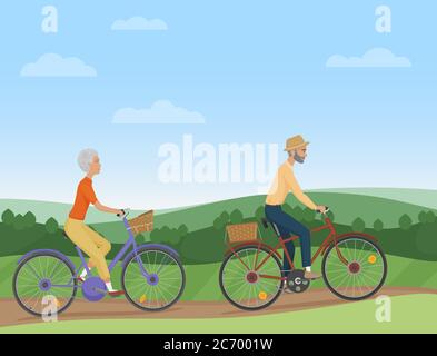 Una coppia senior che cavalcano le biciclette in campagna. Ciclisti di persone anziane. Illustrazione vettoriale Illustrazione Vettoriale