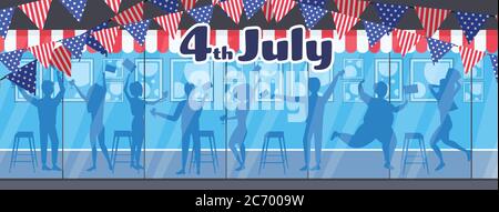 le sagome della gente celebrano il 4 luglio l'indipendenza americana giorno celebrazione concetto caffè esterno lunghezza intera orizzontale illustrazione vettoriale Illustrazione Vettoriale