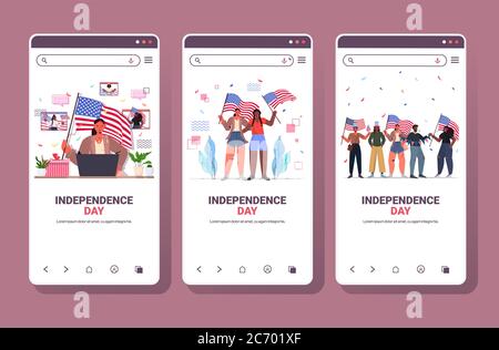 set mix race people holding usa flag festeggiamenti 4 luglio giorno indipendenza concetto smartphone schermi raccolta orizzontale copia spazio illustrazione vettoriale Illustrazione Vettoriale