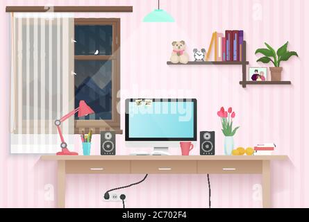 Stanza per adolescenti con posto di lavoro. Arredamento in stile dolce ragazza Illustrazione Vettoriale