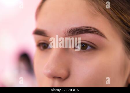 Vista ravvicinata dello splendido occhio marrone femminile. Buona visione, lenti a contatto, barra di fronte o concetto di trucco di moda sopracciglia Foto Stock