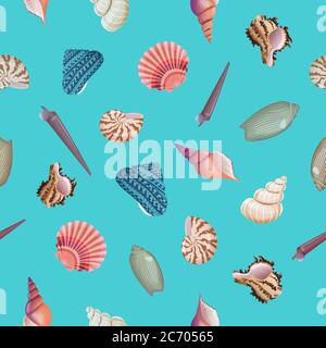 Seashells vettore senza giunture modello realistico colorato isolato Illustrazione Vettoriale