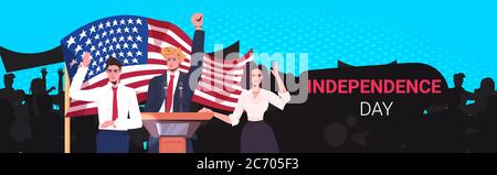 politici squadra che parla a persone da tribune 4 luglio giornata di indipendenza americana celebrazione concetto orizzontale ritratto vettore illustrazione Illustrazione Vettoriale