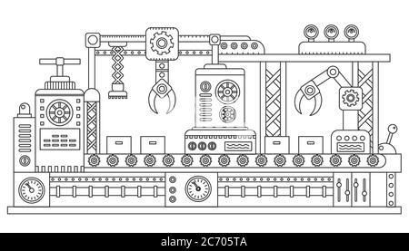 Robot controllati da computer per il confezionamento di scatole di cartone della linea di assemblaggio industriale. Costruzione industriale macchinari tecnologia attrezzature, progettazione profilo gittata illustrazione vettoriale Illustrazione Vettoriale