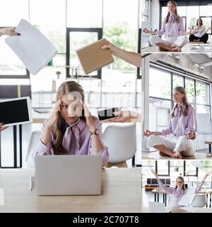 collage di donna d'affari stressata seduta vicino ai colleghi che tengono i gadget con schermo vuoto, meditando e sedendosi in posa yoga con il collega Foto Stock
