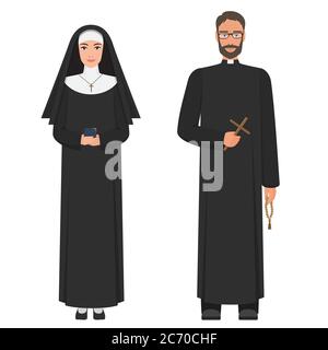 Sacerdote cattolico e suora. Oggetti isolati su sfondo bianco. Illustrazione vettoriale a fumetto piatto. Illustrazione Vettoriale