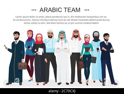 Lavoro di squadra di uomini d'affari arabi musulmani. Illustrazione vettoriale cartoon Illustrazione Vettoriale