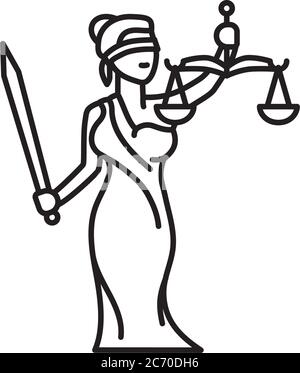 Lady Justice o Themis Femida, bendato con bilanciamento del fascio e spada, icona di linea vettoriale del personaggio cartoon. Simbolo dei servizi legali e della legge. Illustrazione Vettoriale